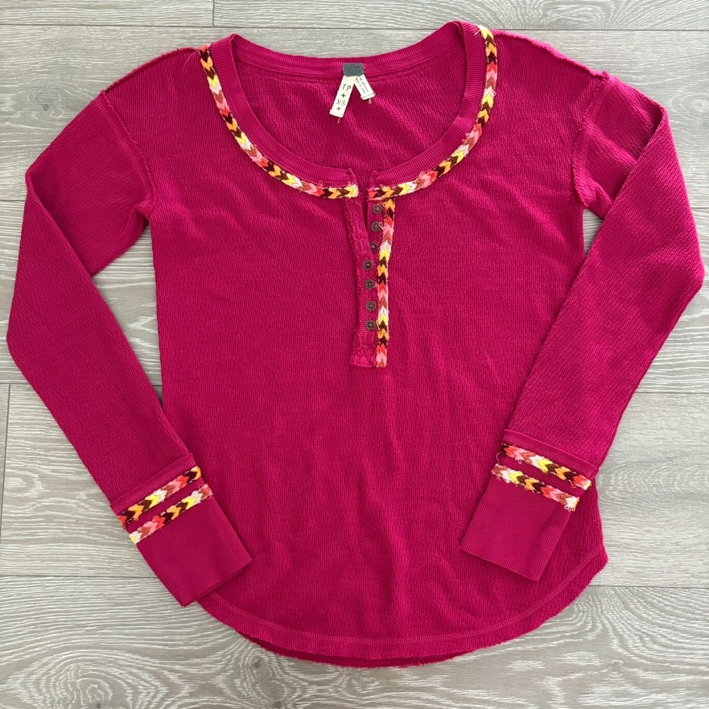 Free People We The Free Womens Hot Pink Rainbow Thermal Henley Top Size X-Small